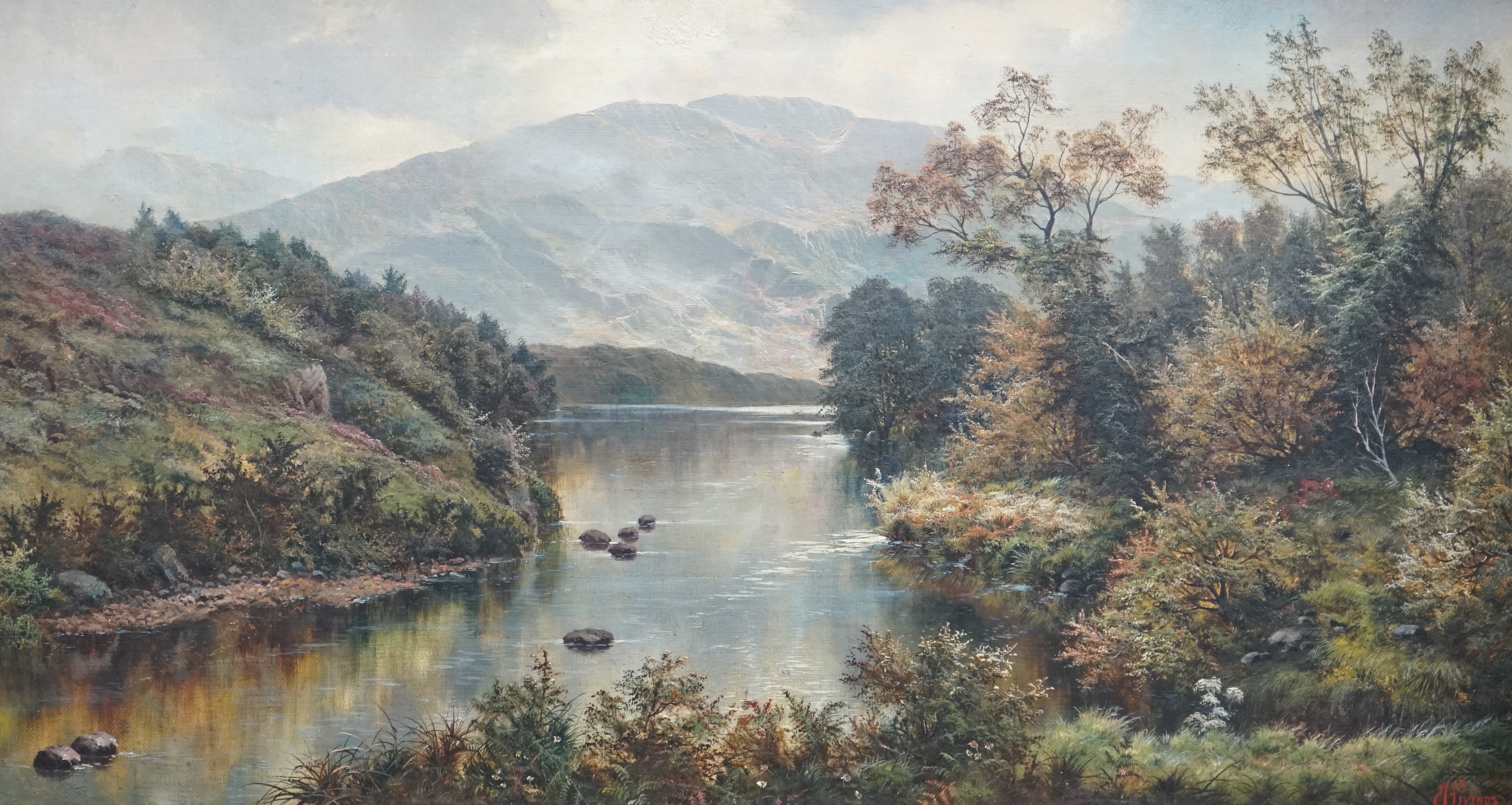 Henry Livings (1850-1950), oil on canvas, Mountainous riverscape, signed, 38 x 68cm, gilt framed. Condition - good